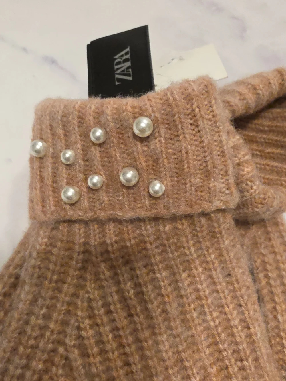 Zara Pearl-Accent Knit Gloves - Taupe Brand New